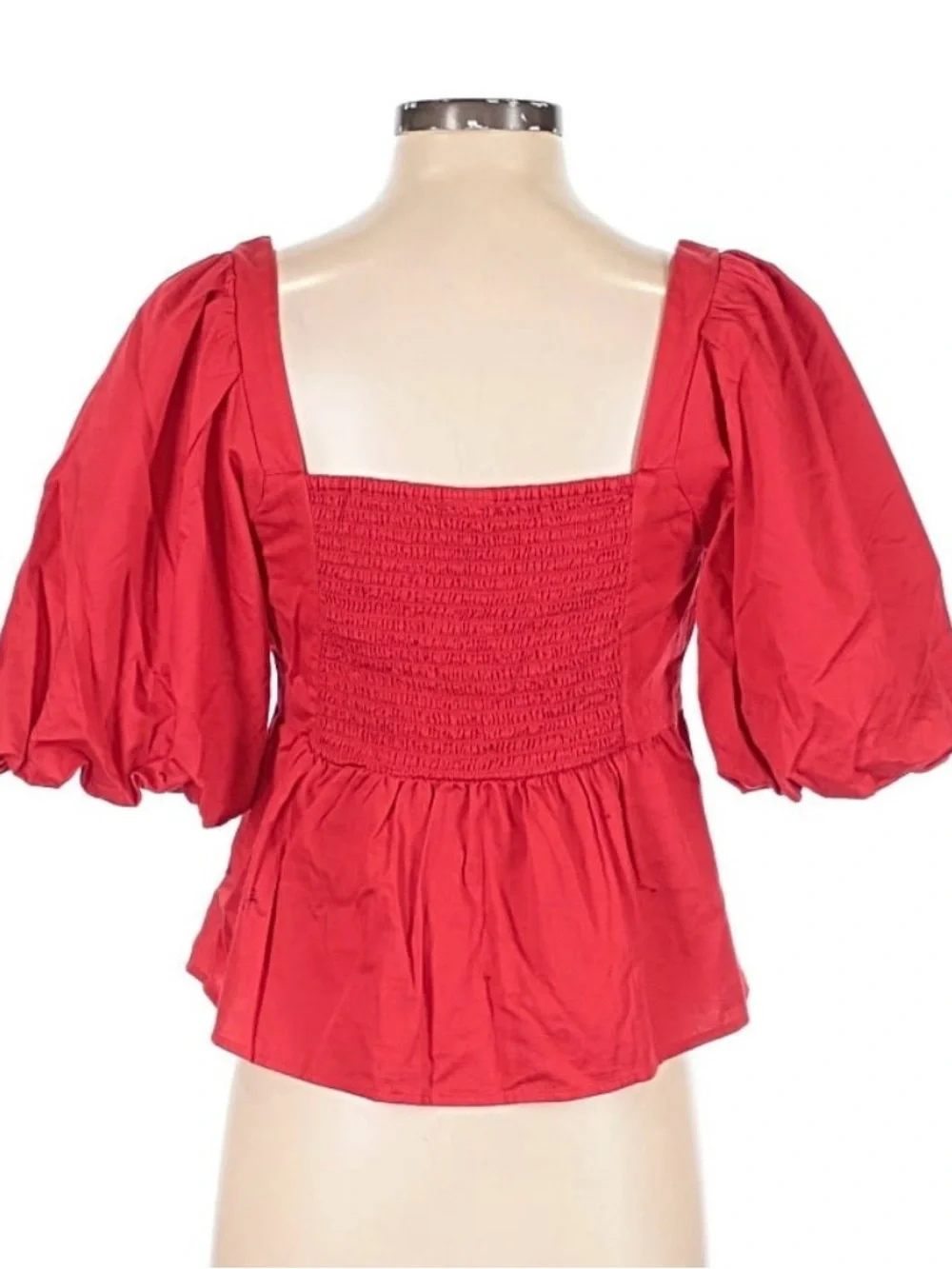 Red Puff Sleeve Peplum Blouse